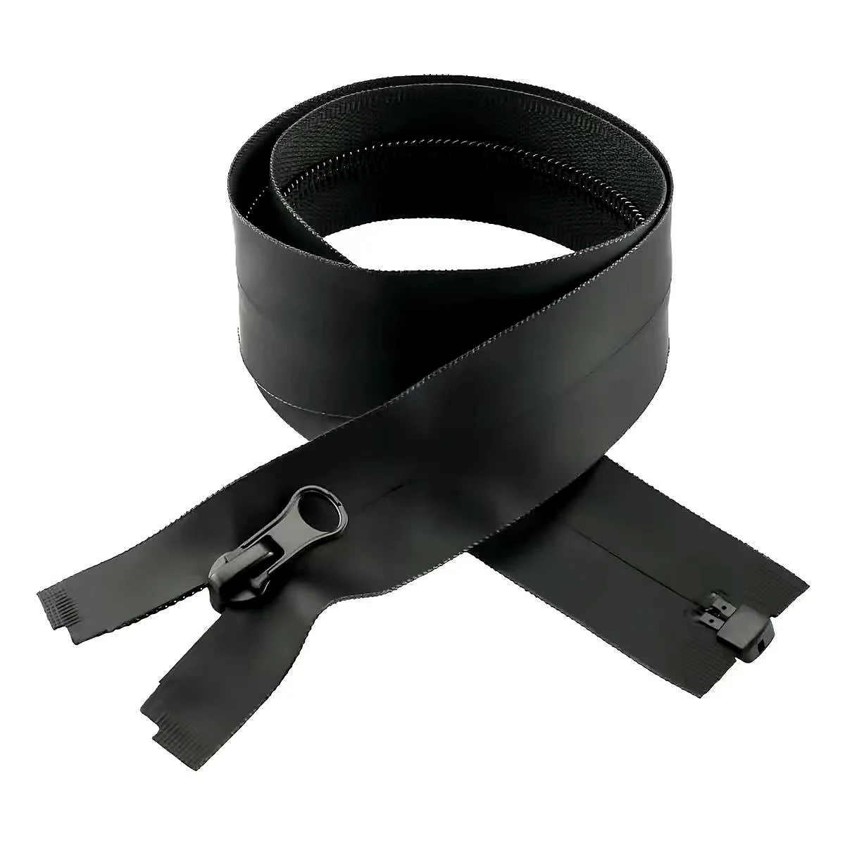 Black coated water-resistant open-end zipper on a clean background